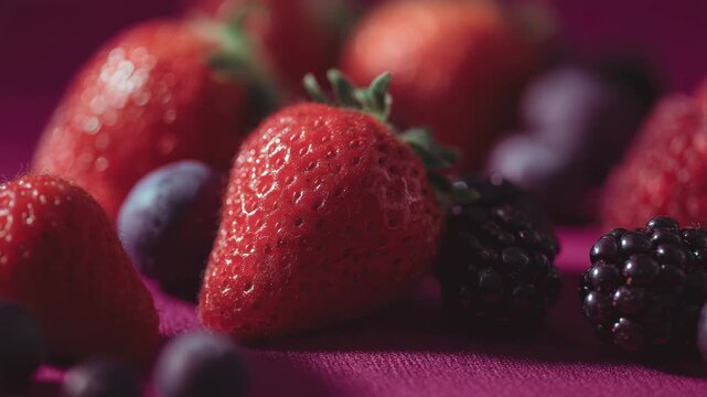 close up of a strawberry, still life with fruits, orange, kiwi, green, grapefruit