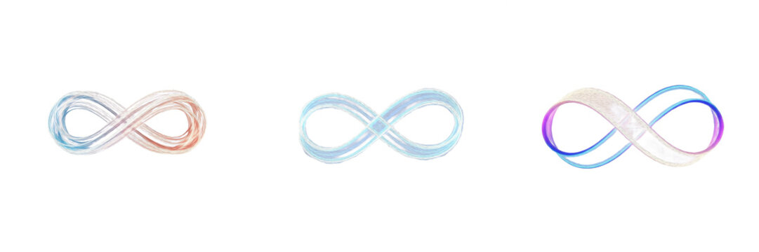 Set of colorful glowing infinity symbols representing eternal loop and continuity isolated on white background.