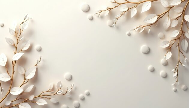 Minimalist elegant background design with golden branches, white leaves, and pearl dots. Perfect for wedding invitations or celebration cards with copy space.