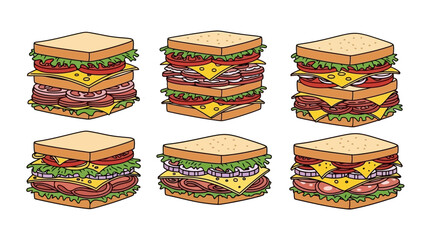Six delicious stacked sandwiches with various fillings on white background.