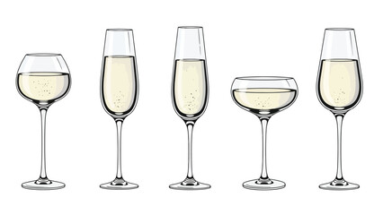 Collection of various champagne glasses filled with sparkling wine, ready for celebration. © Muginandaru