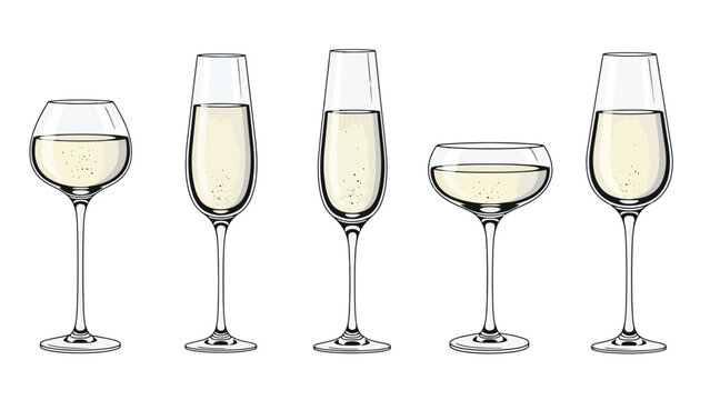 Collection of various champagne glasses filled with sparkling wine, ready for celebration.