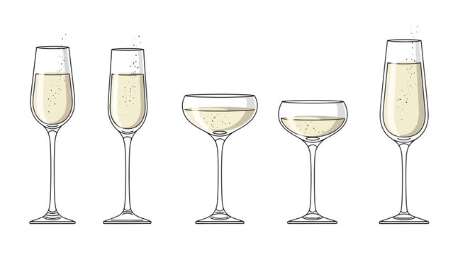 Various styles of champagne glasses filled with sparkling wine.