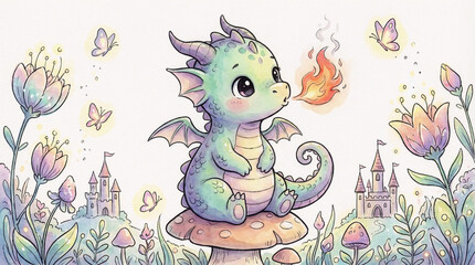 Obraz premium Magical Chibi baby dragon breathing fire, surrounded by whimsical castles and enchanting butterflies in a fairytale garden