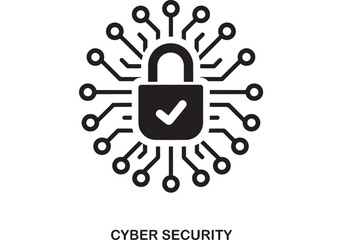 Black outline padlock icon with a checkmark inside, connected to circular nodes like a circuit board, symbolizing cybersecurity and data protection.