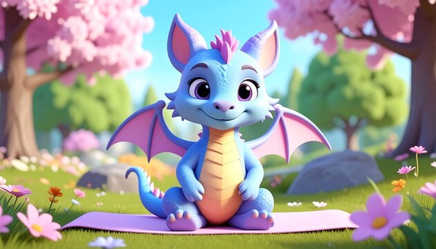 Cute cartoon dragon sitting happily in a lush green garden surrounded by flowers.