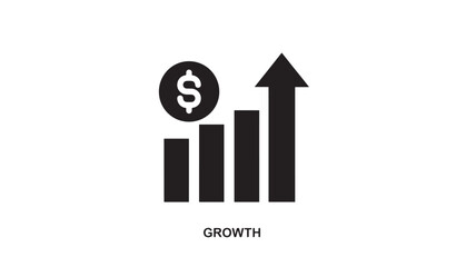 Black flat design icon showing a bar graph with an upward arrow and a dollar sign coin symbolizing financial growth and profit increase