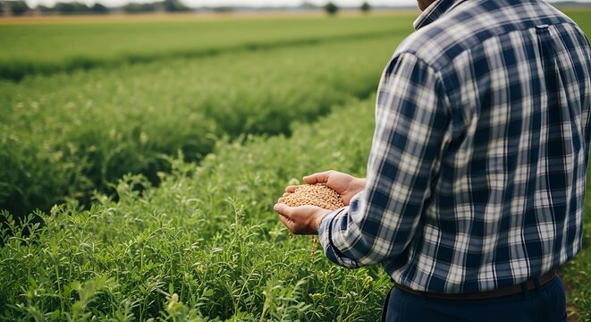 Farmer holding organic lentils in hands, green field, sustainable agriculture, healthy food, crop harvest, rural landscape, farm fresh