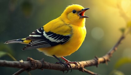 Fototapeta premium Yellow bird sits on tree branch. Animal opens beak singing loudly. Small avian life in natural habitat. Birdsong fills forest. Wildlife photography.