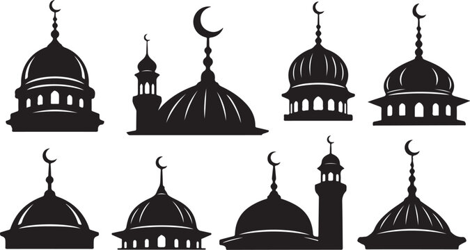 Silhouette of Mosques with Domes and Crescent Moons