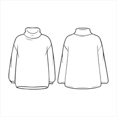 Turtleneck sweater technical fashion sketch, high folded collar, long sleeves with ribbed cuffs, relaxed fit, front and back views, garment construction vector illustration