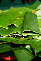 Pieces of banana leaves as a plate background. Traditional meal serving. Empty dirty banana leaf