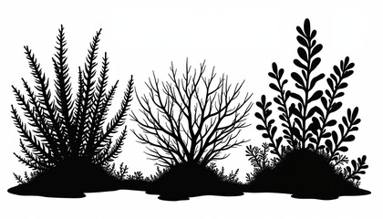 Collection of black silhouettes of aquatic plants and seaweeds growing on submerged mounds against white background. Abstract marine botanical forms for design and decor. Underwater flora diversity.