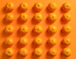 Top view of vibrant fresh oranges neatly arranged in rows on a bright orange background