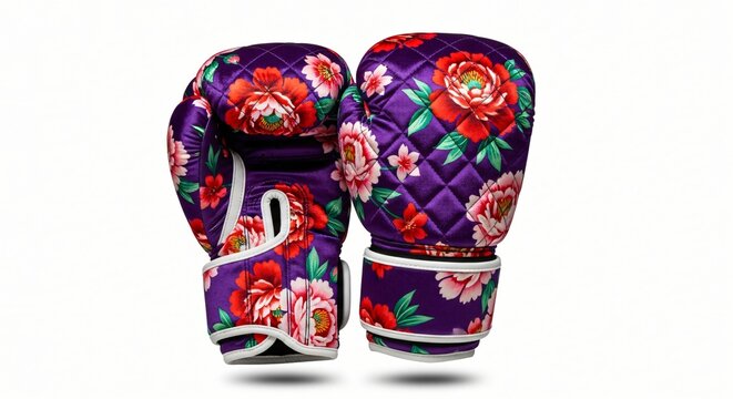 Creative Boxing Gloves Design with Korean Traditional Floral Quilted Pattern. Retro Kitsch Sports Gear.