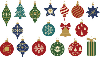 Christmas ornament collection with colorful traditional baubles stars bells and gift decorations for festive holiday branding vector illustration