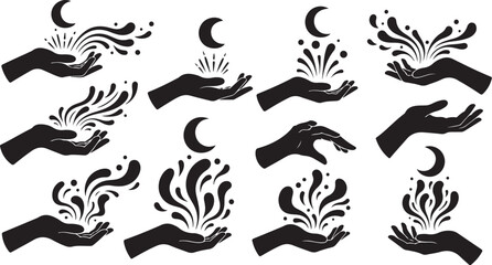 Hands releasing magical elements and celestial bodies freely