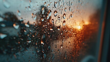 Water droplets on glass window during rainy day, calm atmosphere and reflective emotions.
