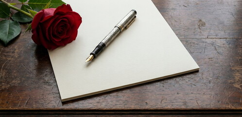 Generated ai Timeless Romance Captured in an Elegant Still Life Featuring a Lush Red Rose and Ornate Silver Fountain Pen on Blank Stationery Over a Rustic Wood Desk.