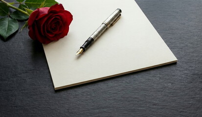 Generated ai elegant fountain pen and vibrant red rose on vintage cream paper; a high-end, cinematic still life concept representing romantic correspondence, poetry writing, or a luxury wedding invita