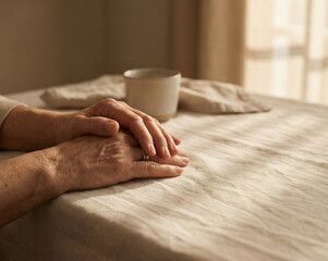 Generated AI: Poignant Close-up of Elderly Hands Resting on a Rustic Linen Tablecloth, Symbolizing Longevity, Wisdom, and Serene Retirement in Soft Natural Sunlight.