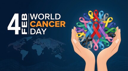 World cancer day solidarity concept of hands holding globe with different color ribbons and map for awareness support to patients worldwide in February