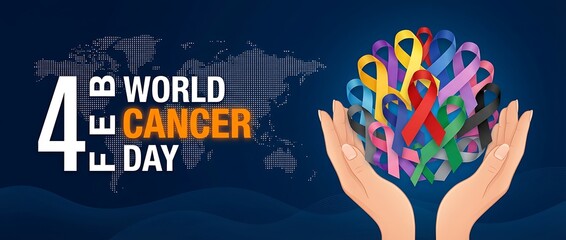 World cancer day concept of hands holding sphere with different color ribbons and map for awareness support to patients around the world in February