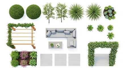 Fototapeta premium Diverse top view landscape elements: plants, outdoor furniture, and garden structures for design isolated on white background