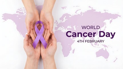 Two hands holding a purple ribbon against a world map background for world cancer day on Aebruary 4th for support awareness campaign