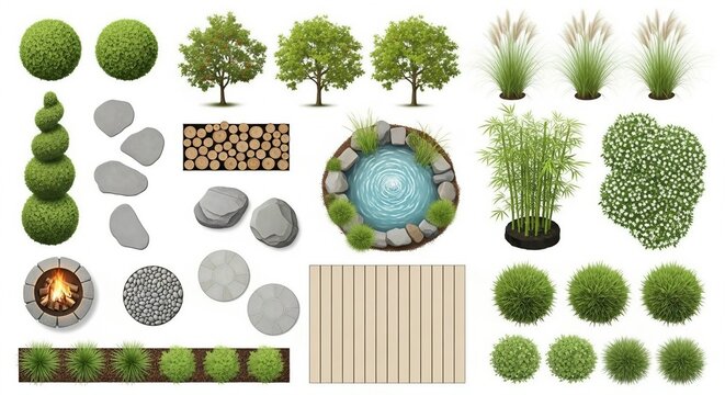 Landscape Design Set with Garden Pond Fire Pit and Topiary Trees