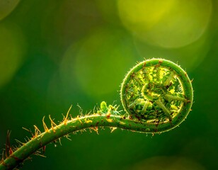 A curled green fern frond with spiky stem against blurred background