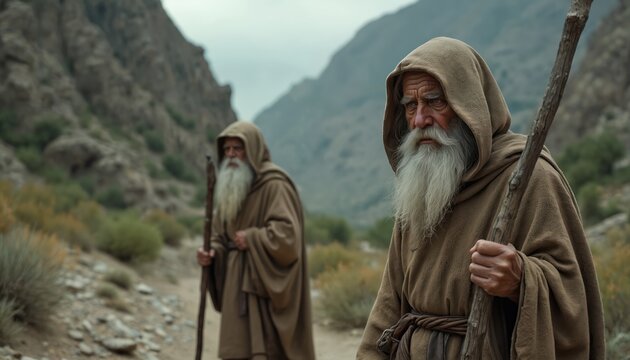 Two elderly bearded men in hooded robes walk with staffs on a rocky mountain path. They appear like ancient prophets or hermits on a spiritual journey through a desolate landscape.