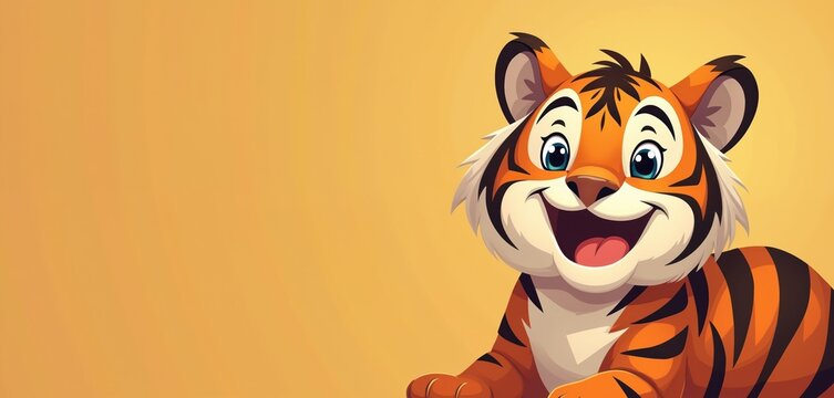 Cartoon tiger with wide smile and blue eyes sits against plain orange background. Tiget has black stripes and white fur accents. Offers plenty of copy space.