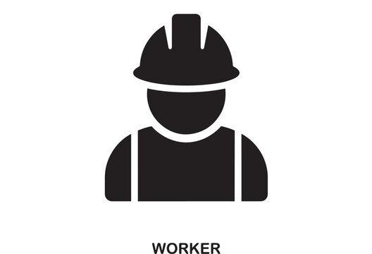 Simple black icon of a person wearing a hard hat, representing a worker or construction employee, on a white background