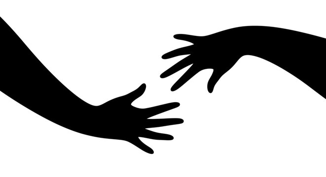 Two silhouetted hands reaching out to each other, representing connection and empathy