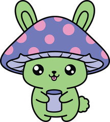 Fototapeta premium Cute cartoon bunny character wearing mushroom hat holding cup kawaii style illustration isolated on white background vector art