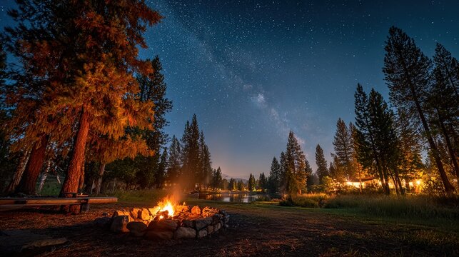 wideangle. Twilight campsite with glowing fire pit under starry sky, evoking peaceful summer nights outdoors. lifestyle magazines.