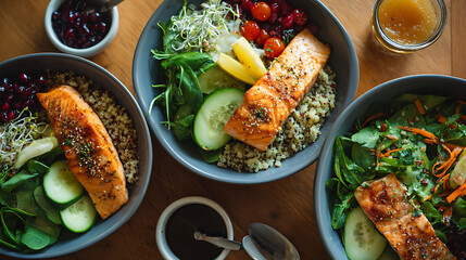 Healthy meal preparation with salmon, quinoa, and fresh vegetables. Enjoy nutritious and colorful layout for balanced eating