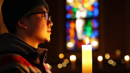 Obraz premium chant. A solitary worshipper in a church, bathed in warm candlelight, reflecting devotion and tranquility. event programs, museum guides, designed for cultural heritage projects and event programs.