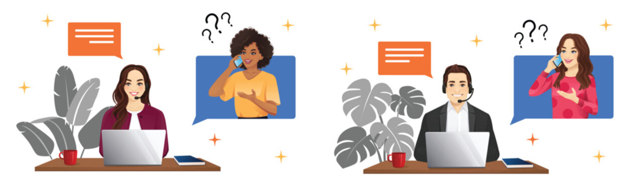 Set of two vector illustrations. Customer care service. Man and woman wearing headset talking to women on the phone, call center or hotline support concept. Vector illustration isolated
