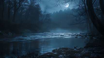 foggy riverbank at night with full moon illuminating landscape, creating mysterious atmosphere