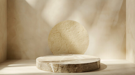 Minimalist stone display with natural elements in serene setting