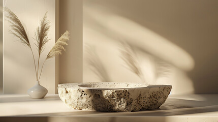 Minimalist stone bowl with natural elements and soft lighting ambiance