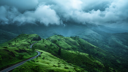 Lush green hills and winding road in Western Ghats, Maharashtra