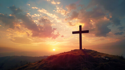 serene sunset over hill with wooden cross silhouette, symbolizing hope and faith