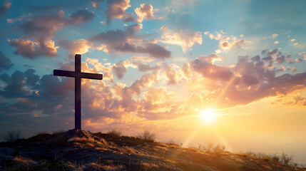 serene sunset over cross silhouette on hill, symbolizing hope and faith