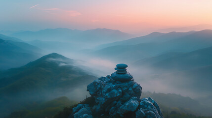 Serene mountain landscape with stacked stones on rocky foreground, soft mist enveloping hills at dawn