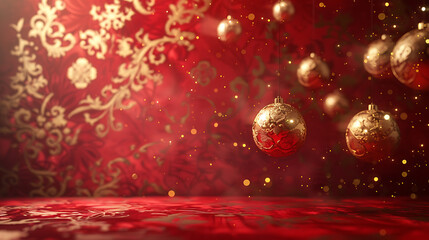 Elegant red background with golden ornaments and festive decorations