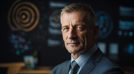 Professional CEO portrait with office backdrop and target goals, exuding confidence and leadership