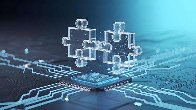 Digital solution concept with puzzle pieces floating above a modern computer processor
